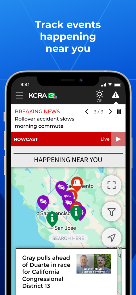Interfaz de la aplicación KCRA 3 News que muestra un mapa interactivo con alertas de tráfico locales e informes de incidentes en la región de Sacramento.