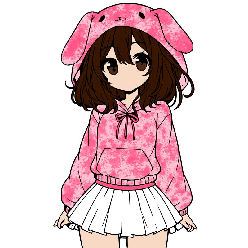 pretty anime girl wearing a fluffy hoodie with bunny ears on the hood and a skirt