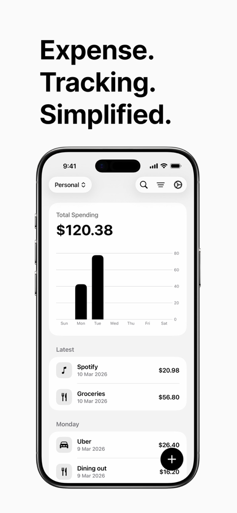 SyncSpend - SyncSpend app dashboard showing a total spending chart and a list of recent transactions like Spotify and Groceries.