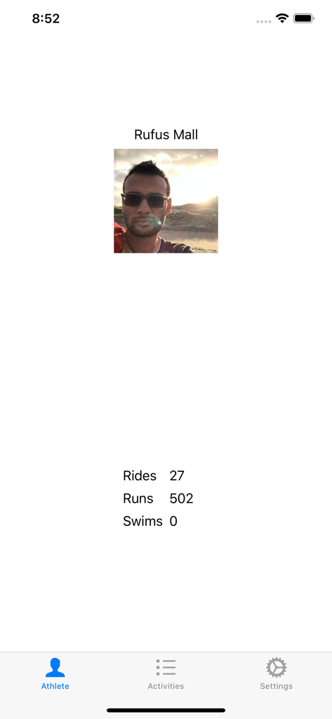 Athlete profile screen in the ReRun app showing activity statistics for runs and rides