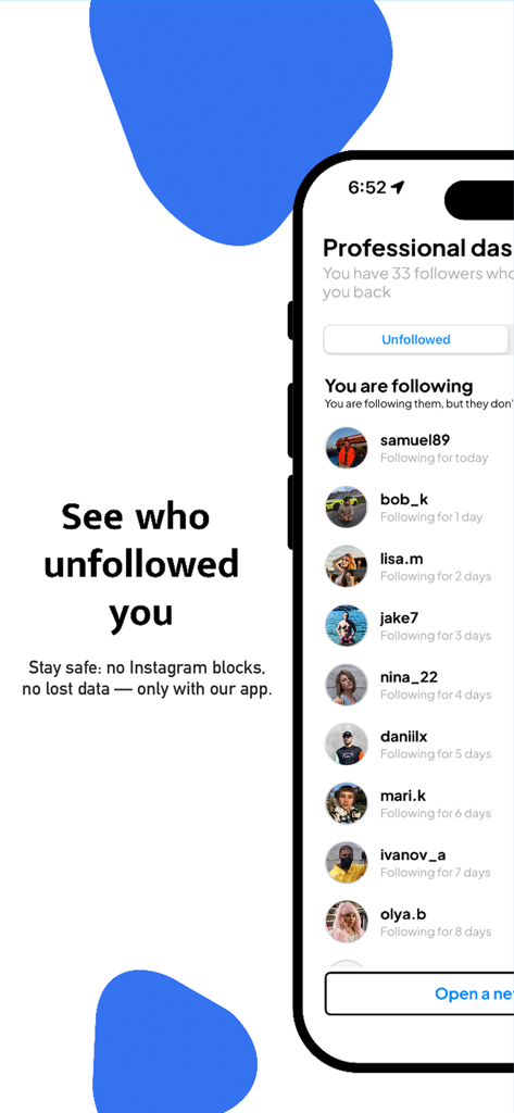Unfollowers Tracker for IG - Oberfläche der Unfollowers Tracker for IG App, die eine Liste von Nutzern anzeigt, die nicht zurückfolgen