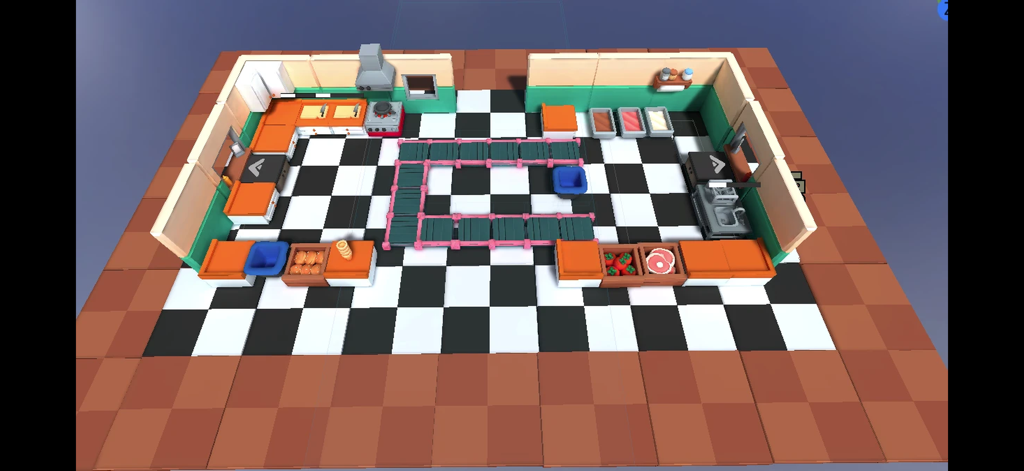 kitchen Together 2 - Top down view of a virtual kitchen with checkered floors and cooking stations