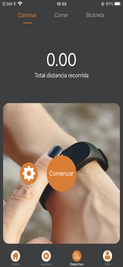 INNOVA S-BANDS - Pantalla de deportes de la aplicación Innova S-Bands para caminar mostrando la distancia total y un botón de inicio.
