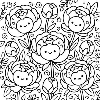 Dive into a garden of smiles with this delightful Kawaii Coral Peonies coloring page. These charming floral friends are ready for you to bring them to life with your favorite colors.
