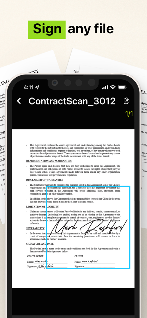 Interface de smartphone montrant un contrat légal signé à l'aide de l'application Scanner Photo PDF