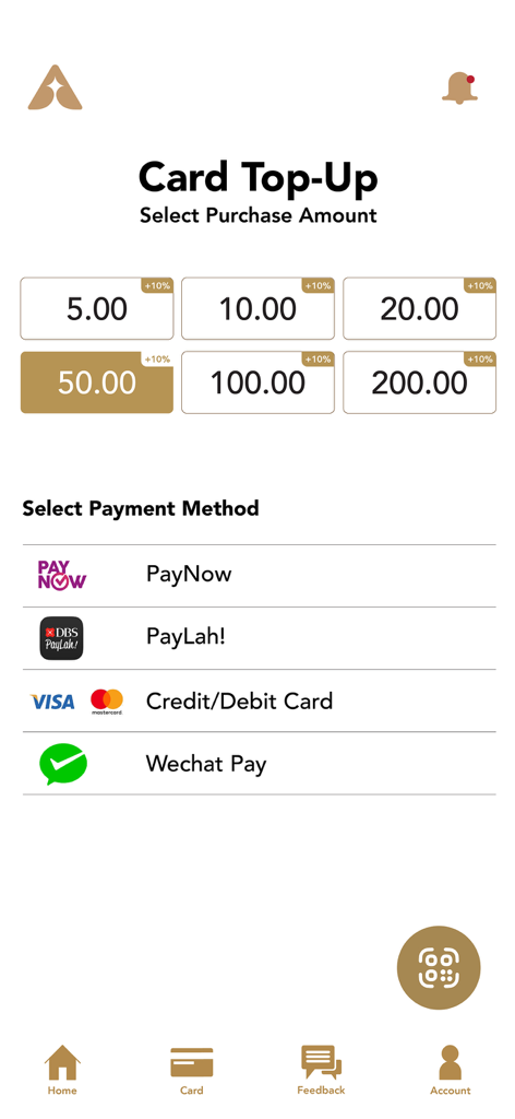 Ami App - Card top up screen in the Ami App for selecting purchase amounts and payment methods