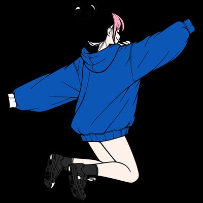 realistic girl jumping with a bun and oversized sweatshirt