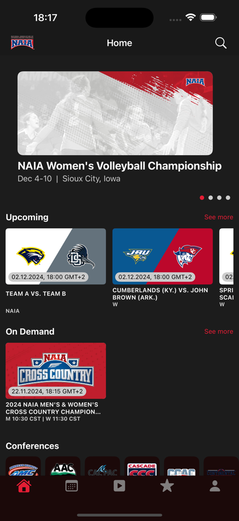 NAIA-Network - NAIA Network app home screen showing upcoming collegiate games and on demand sports content