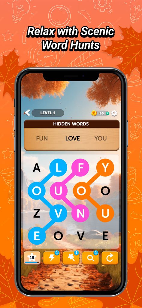 Gameplay screenshot of Word Weave showing a zig-zag word puzzle over a scenic forest landscape.