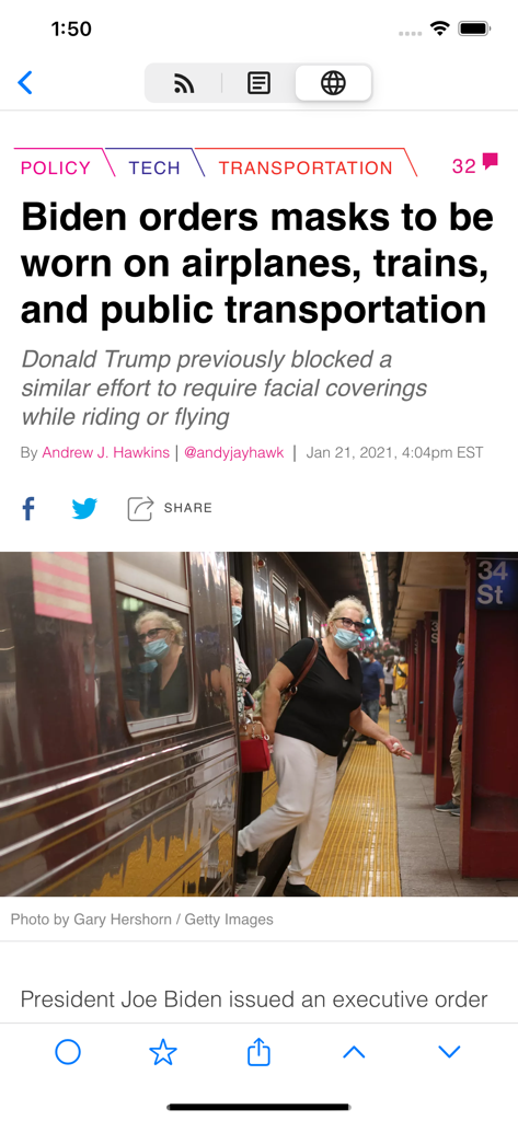 A news article about public transportation policies displayed in the clean and focused interface of the Fluent Reader Lite RSS app.