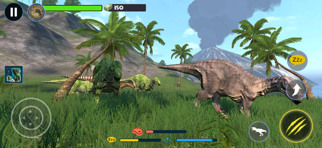 Jurassic Clash Primal Dino Sim - Gameplay screenshot of Jurassic Clash Primal Dino Sim featuring dinosaurs in a lush tropical landscape with a volcano in the background