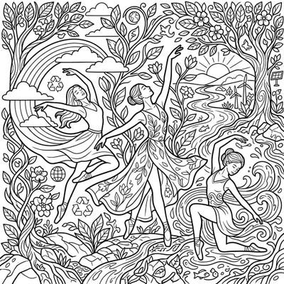 Embrace the spirit of Earth Day with this stunning coloring page, showcasing graceful dancers intertwined with nature's beauty and environmental symbols. This intricate design invites you to color a world where art and ecological consciousness beautifully merge.
