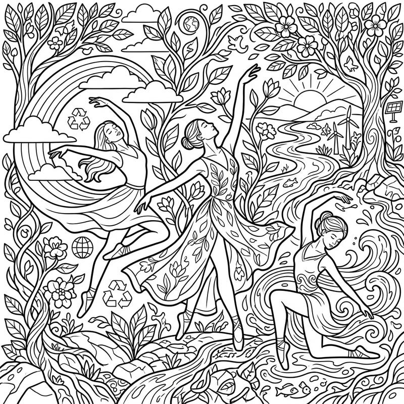 Embrace the spirit of Earth Day with this stunning coloring page, showcasing graceful dancers intertwined with nature's beauty and environmental symbols. This intricate design invites you to color a world where art and ecological consciousness beautifully merge.