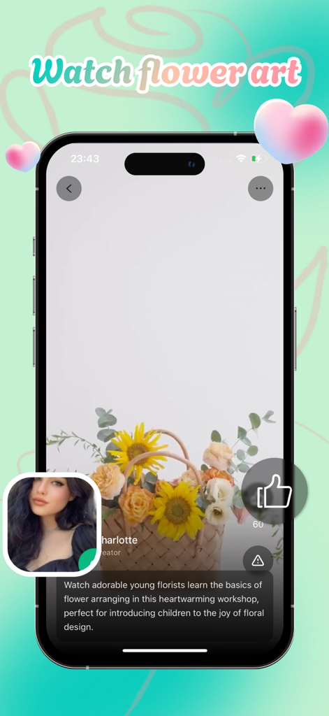 Halotalk——Video chat & share - Halotalk app screenshot showing a video of flower arrangement with a female creator profile