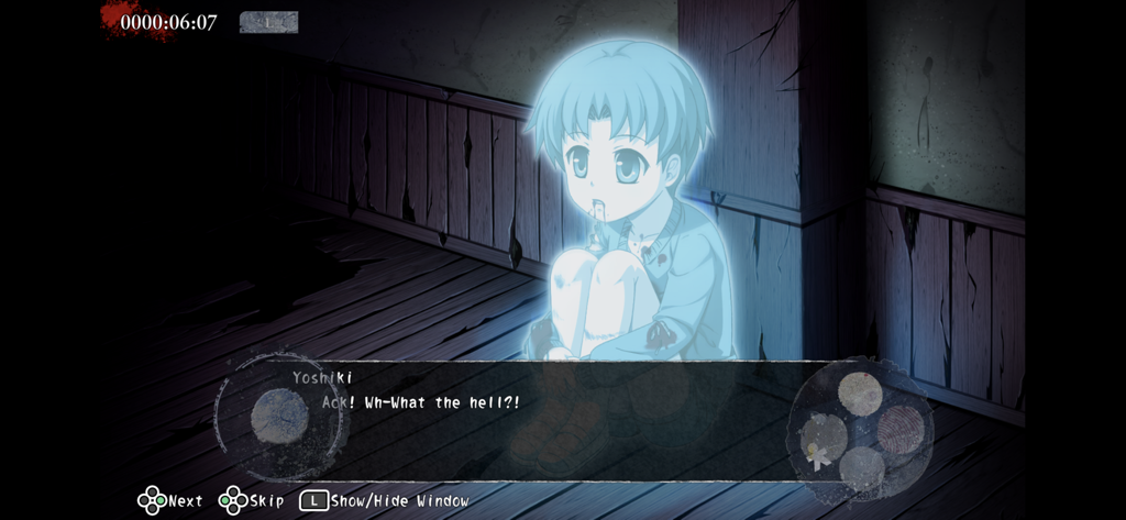 Crunchyroll: Corpse Party - A glowing blue ghost boy appears in a dark hallway in the anime horror game Corpse Party.