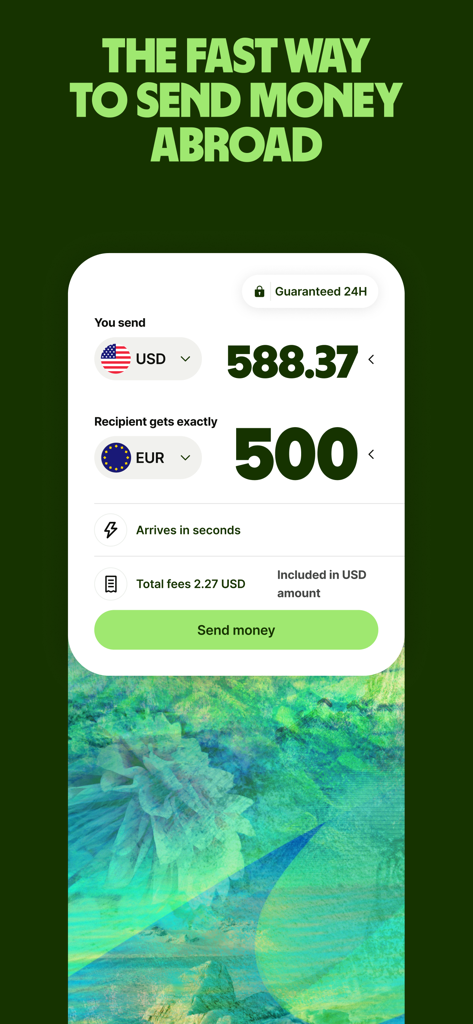 Wise - Global Money - Interface de l'application Wise montrant la conversion de devises USD vers EUR pour les transferts d'argent internationaux