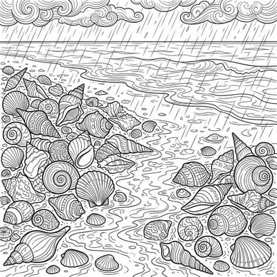 Discover the quiet beauty of a rainy day at the beach, where countless seashells await your creative touch. This intricate coloring page offers a peaceful escape, inviting you to bring vibrant life to a tranquil coastal scene.