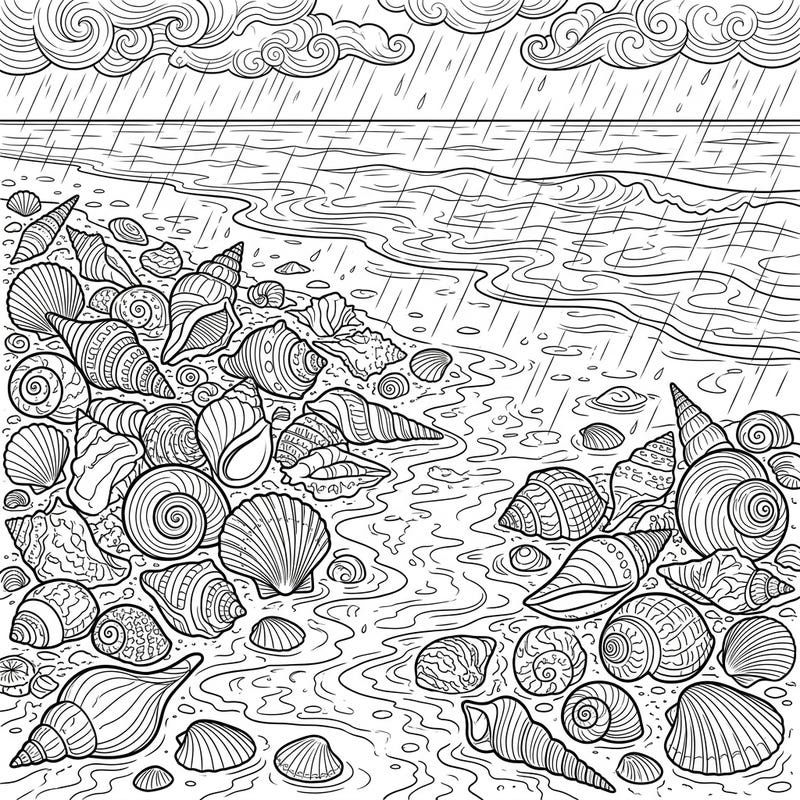 Discover the quiet beauty of a rainy day at the beach, where countless seashells await your creative touch. This intricate coloring page offers a peaceful escape, inviting you to bring vibrant life to a tranquil coastal scene.