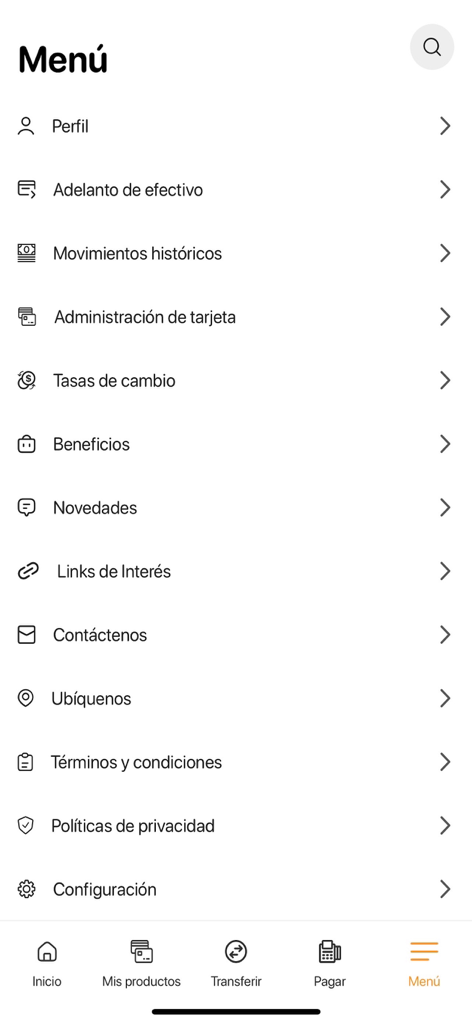 Main menu of the Motor Credito banking app showing various financial service options