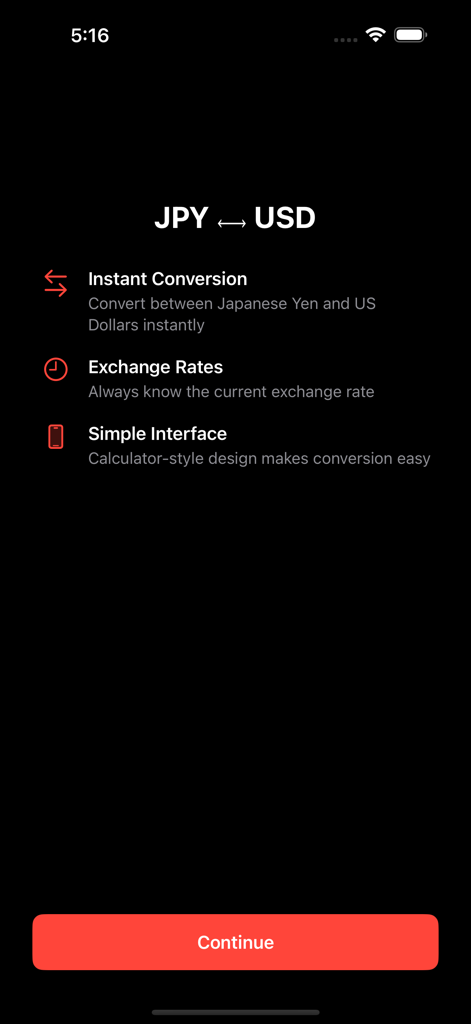 Yen to USD Conversion - Introductory screen for the Yen to USD Conversion app highlighting instant conversion and exchange rates