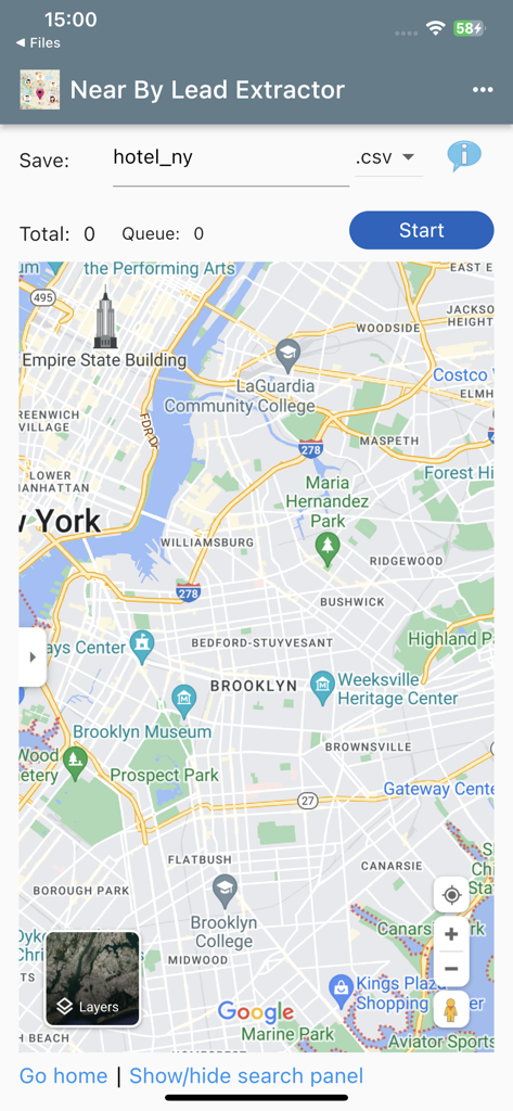 Nearby Lead Extractor app map search interface for business lead generation