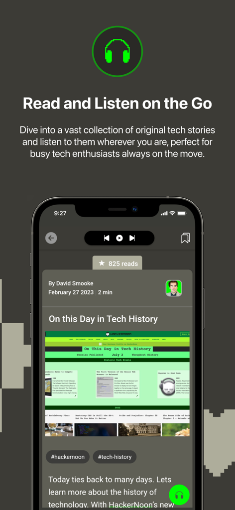 HackerNoon app interface highlighting the audio player for listening to tech stories on the go