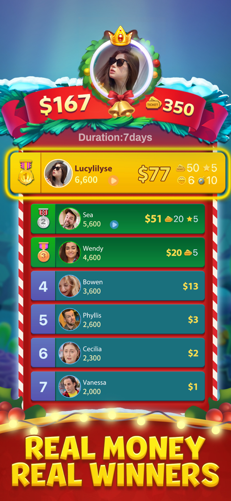 Leaderboard display showing players winning real money prizes