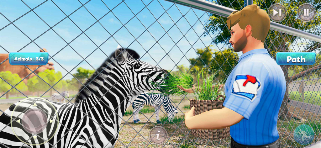 Zoo Keeper Simulator Tycoon 3D - A 3D simulation of a zookeeper feeding a zebra through a fence in a zoo tycoon game.