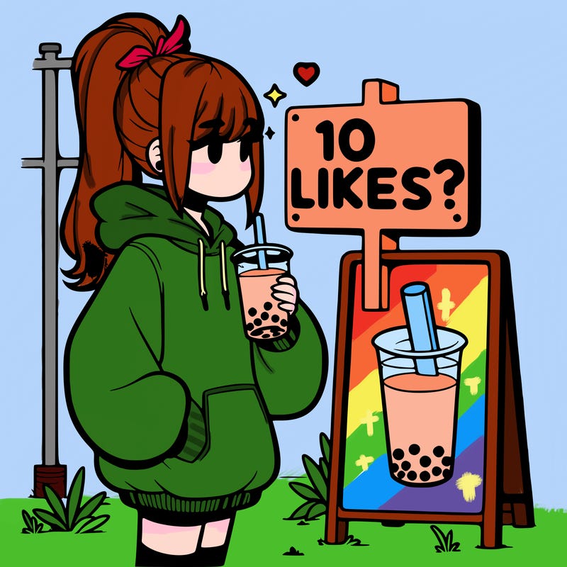 girl with oversized hoodie drinking boba and she has a high ponytail with a sign that says 10likes?