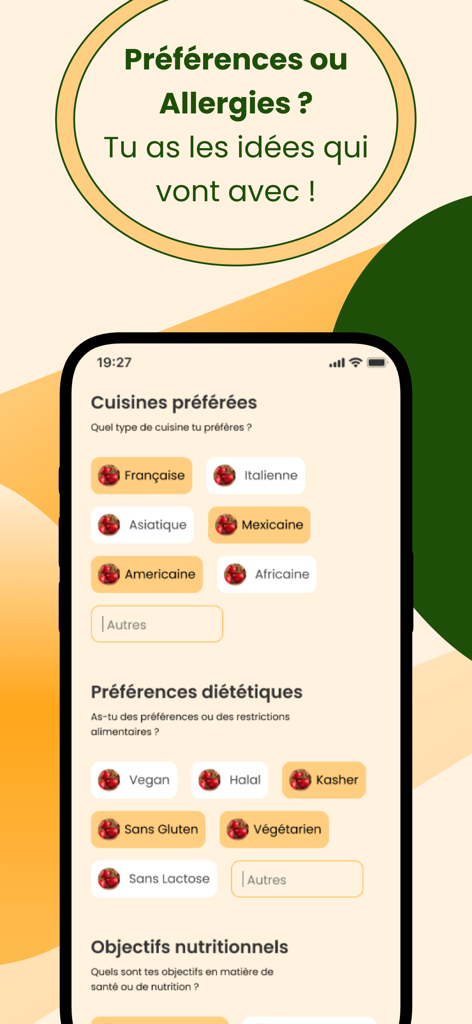 EatEasy App-Oberfläche zur Einstellung von Lieblingsküchen und diätetischen Präferenzen wie vegan oder glutenfrei