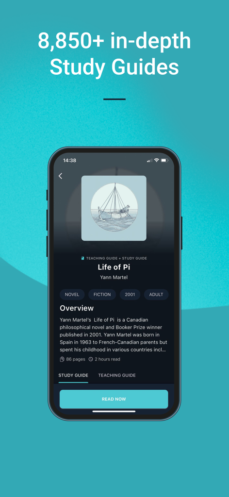 SuperSummary app screen showing an in-depth book study guide for Life of Pi by Yann Martel