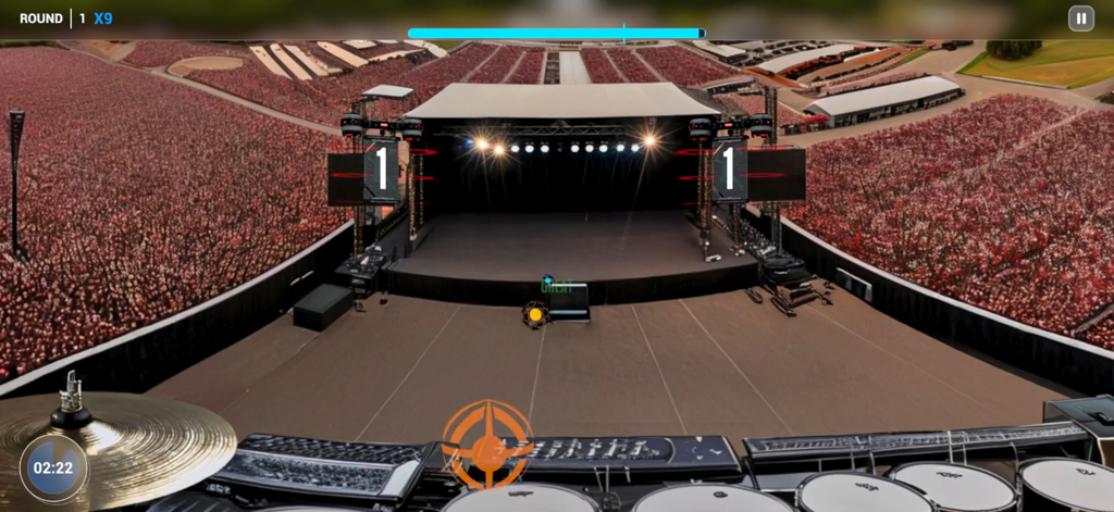 Brain Balance Cognitive App - Esercizio di ritmo e tempismo nell'App Cognitiva Brain Balance con una batteria virtuale su un palco