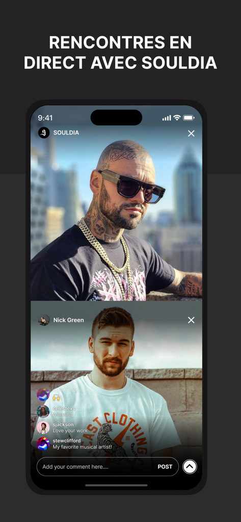 Souldia - Official App - Una pantalla dividida que muestra una interacción de video en vivo entre el artista Souldia y un fan con una sección de comentarios en tiempo real en la app oficial.