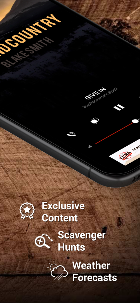 Smartphone displaying the Kiss Country 93.7 app player with icons for exclusive content scavenger hunts and weather forecasts.