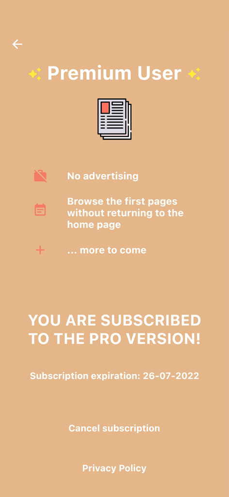 Prima Pagina Quotidiani - Premium user status screen for the Front Page news app showing pro subscription features