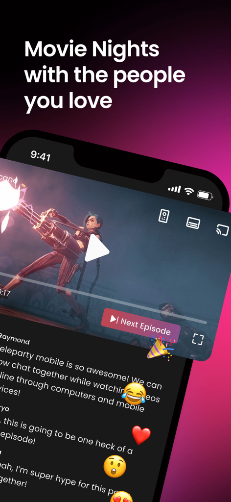 Teleparty mobile app screen showing a synchronized watch party with real-time chat and emojis