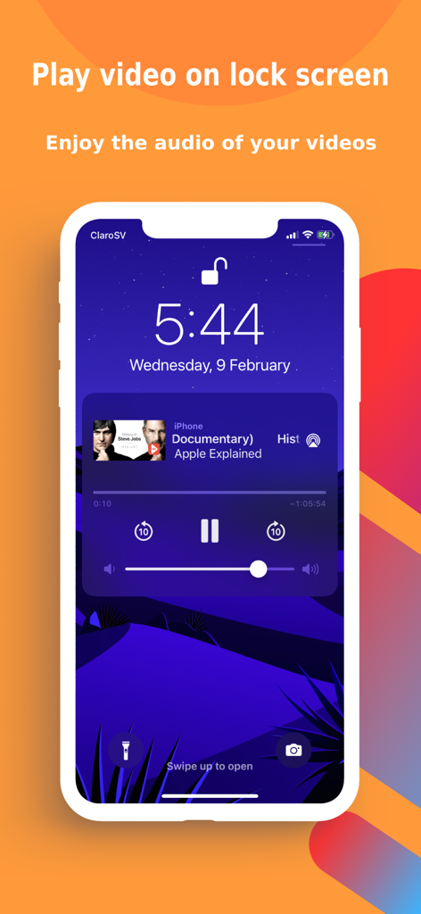 FyTube - YouTube Without Ads - Pantalla de bloqueo del iPhone mostrando reproducción de audio de video usando FyTube