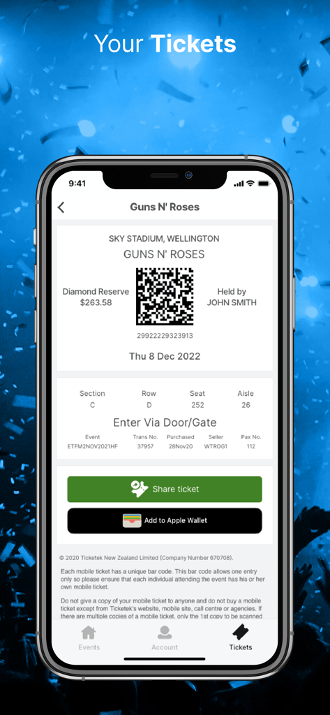 A mobile screen showing a digital concert ticket for Guns N Roses with options to share or add to Apple Wallet