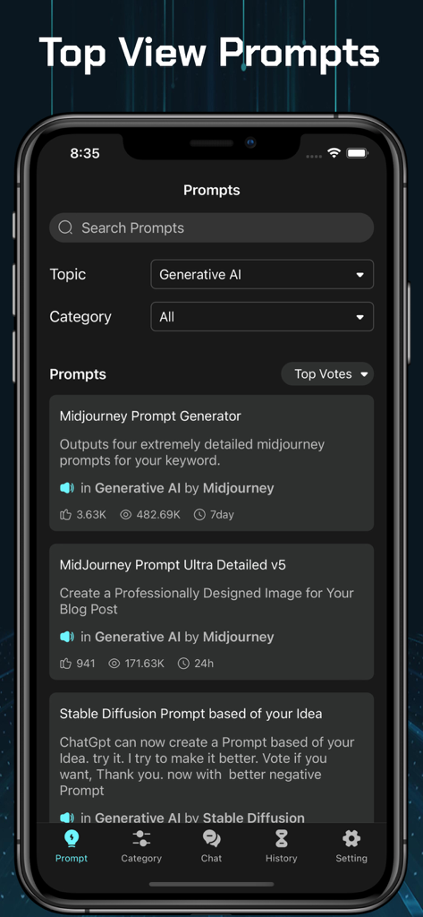 A list of top-rated AI prompts for Midjourney and Stable Diffusion in the AIPRM app.
