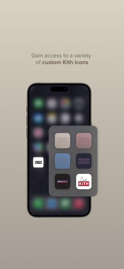 A smartphone screen displaying a variety of custom Kith app icon designs in different colors and themes.