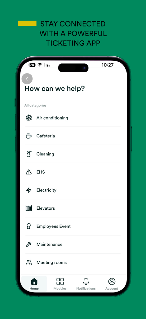 Appgrade by ServicesApp - Appgrade mobile app interface showing facility management categories for ticketing and maintenance