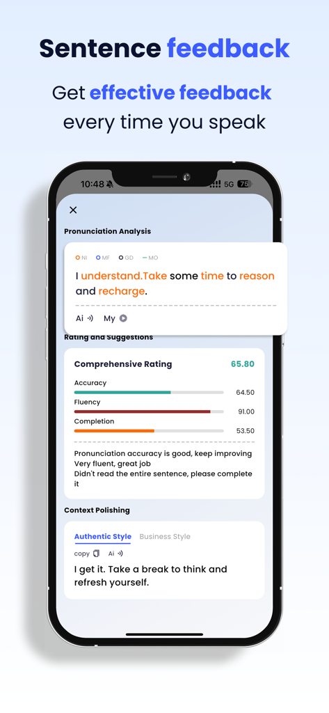 Sky Lingo-AI Language Learning - Sky Lingoアプリインターフェース、AIによる文章フィードバックと詳細な発音分析を表示