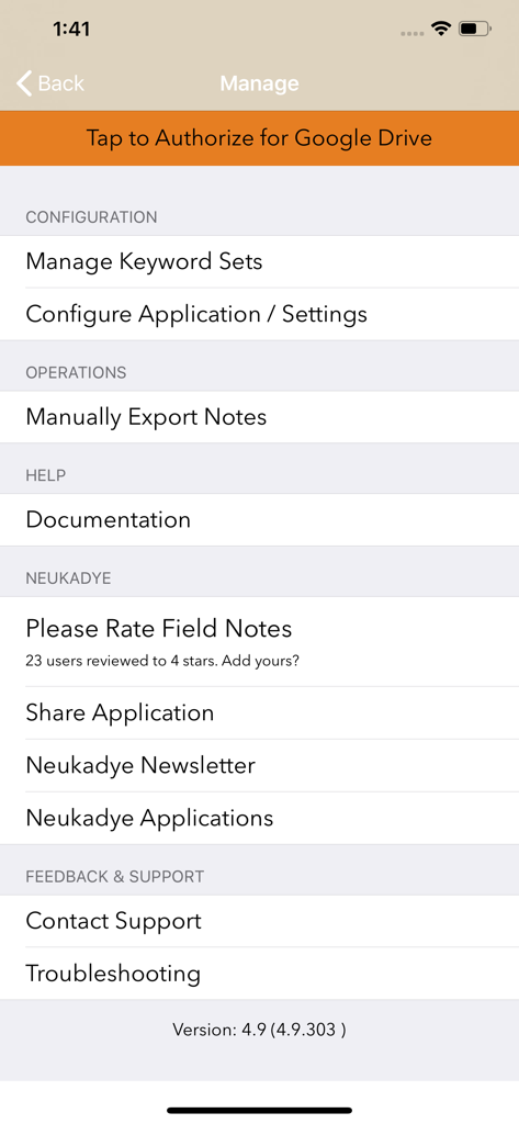Manage and settings interface for the Timestamped Field Notes app
