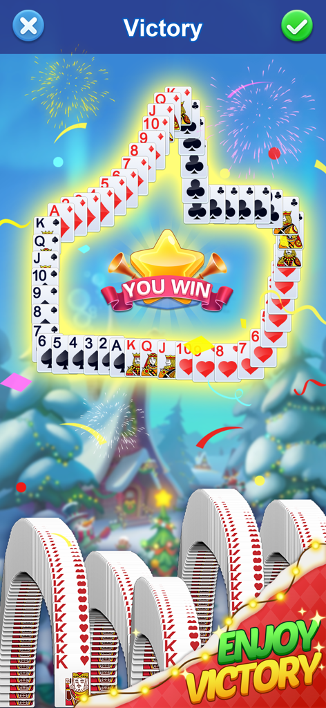 Victory screen in Solitaire 3D Fish with festive fireworks and animated playing cards