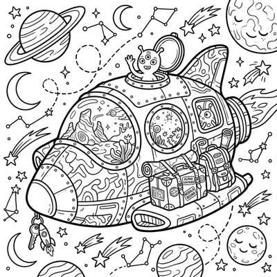 Embark on an epic space vacation with this delightful coloring page featuring a whimsical spacecraft ready for adventure. Discover an alien pilot, futuristic luggage, and mesmerizing cosmic scenery waiting for your creative touch.