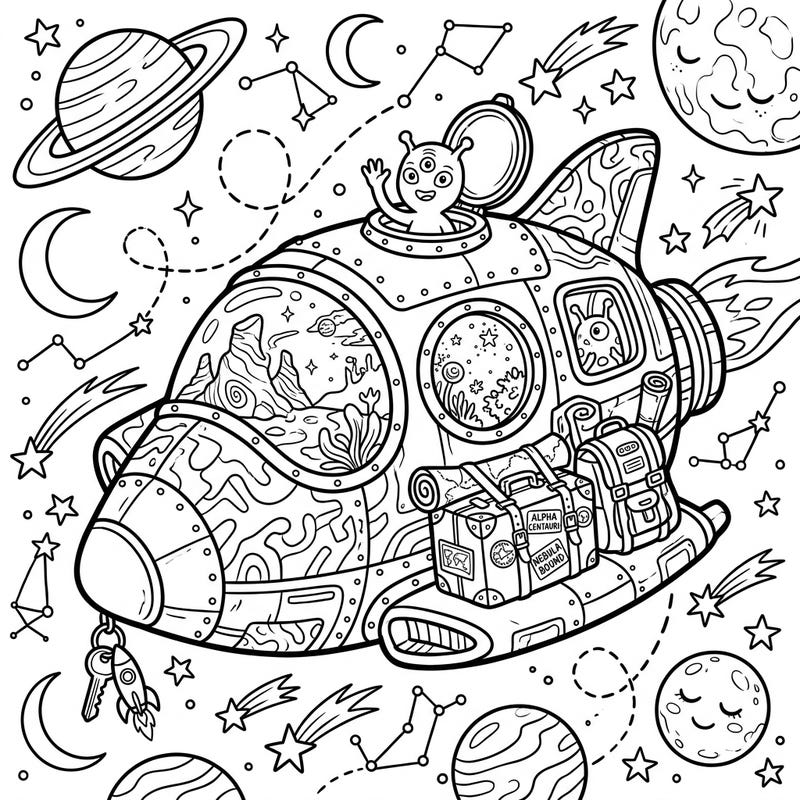 Embark on an epic space vacation with this delightful coloring page featuring a whimsical spacecraft ready for adventure. Discover an alien pilot, futuristic luggage, and mesmerizing cosmic scenery waiting for your creative touch.