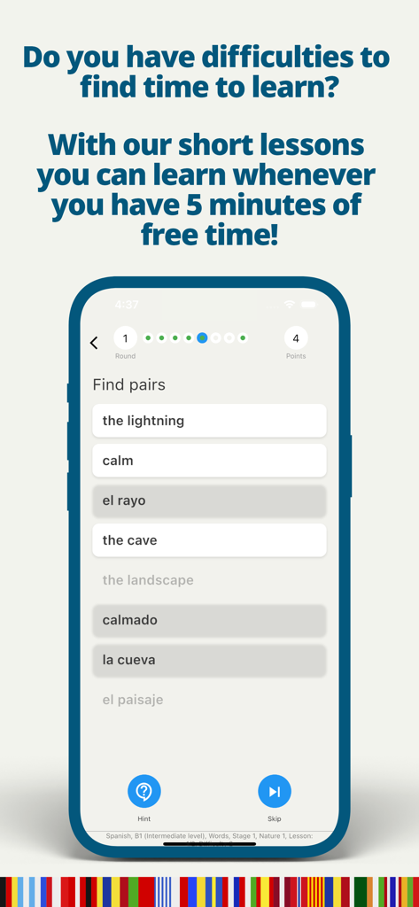 A vocabulary matching game in the Qlango app designed for quick five minute language lessons