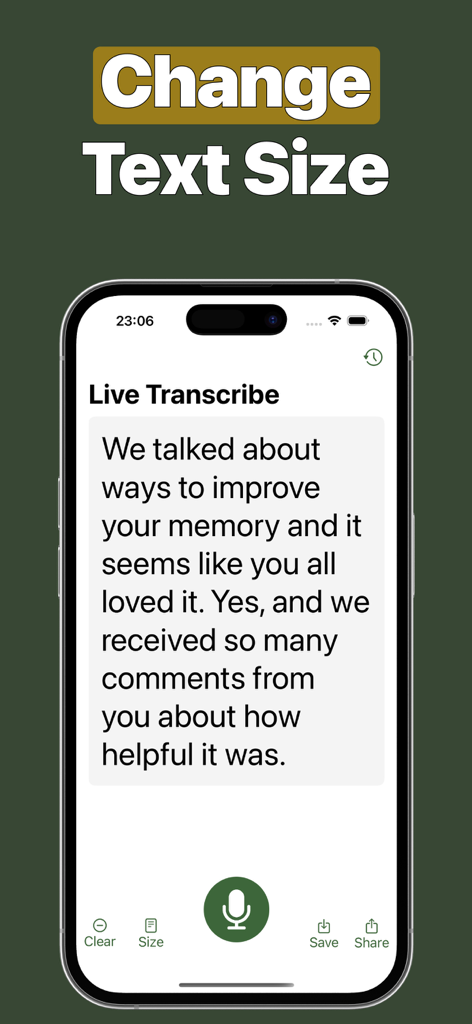 Live Transcribe Speech tо Text - Interface of the Live Transcribe app showing real-time offline speech to text transcription with a feature to change font size.