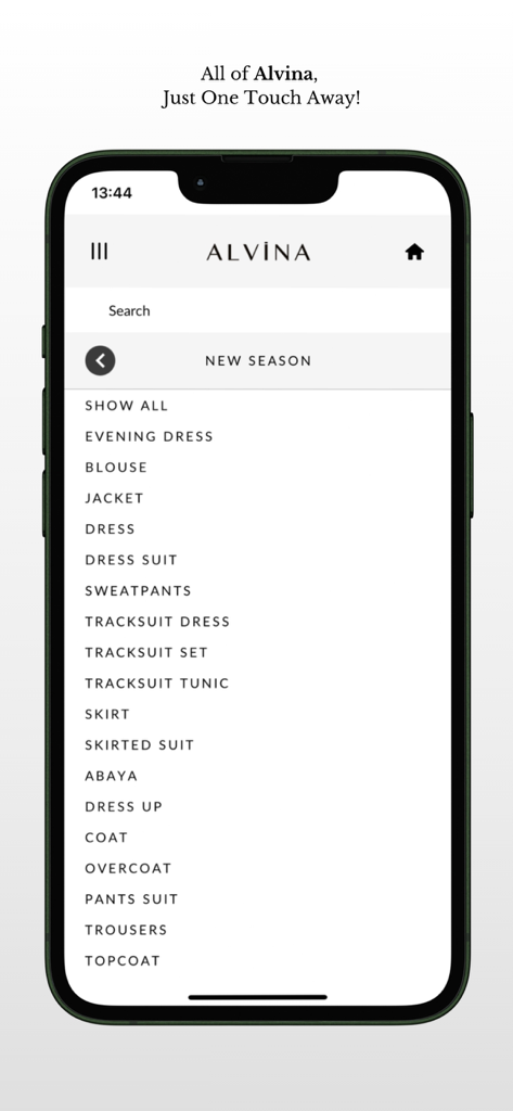 Alvinaモバイルアプリのナビゲーションメニュー。イブニングドレス、アバヤ、ジャケットなどのさまざまなモデストな衣料品カテゴリが表示されています。