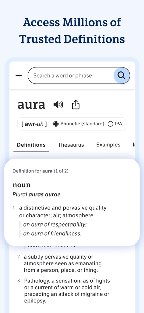 Dictionary.comアプリのインターフェース。単語「aura」の定義、発音ガイド、検索機能が表示されています。